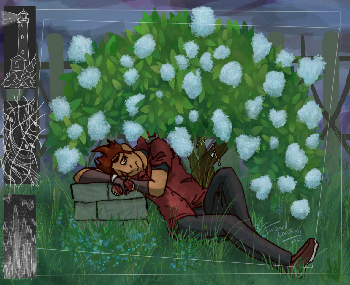 A digital painting of my oc Ichor laying underneath a short flowering tree