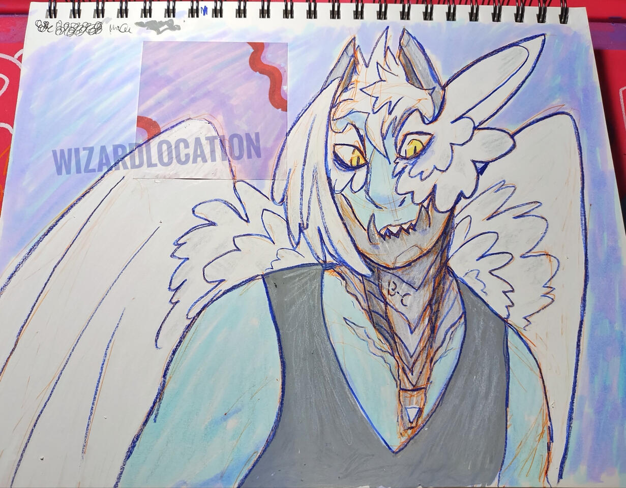a traditional drawing of a character with blue skin and white wings